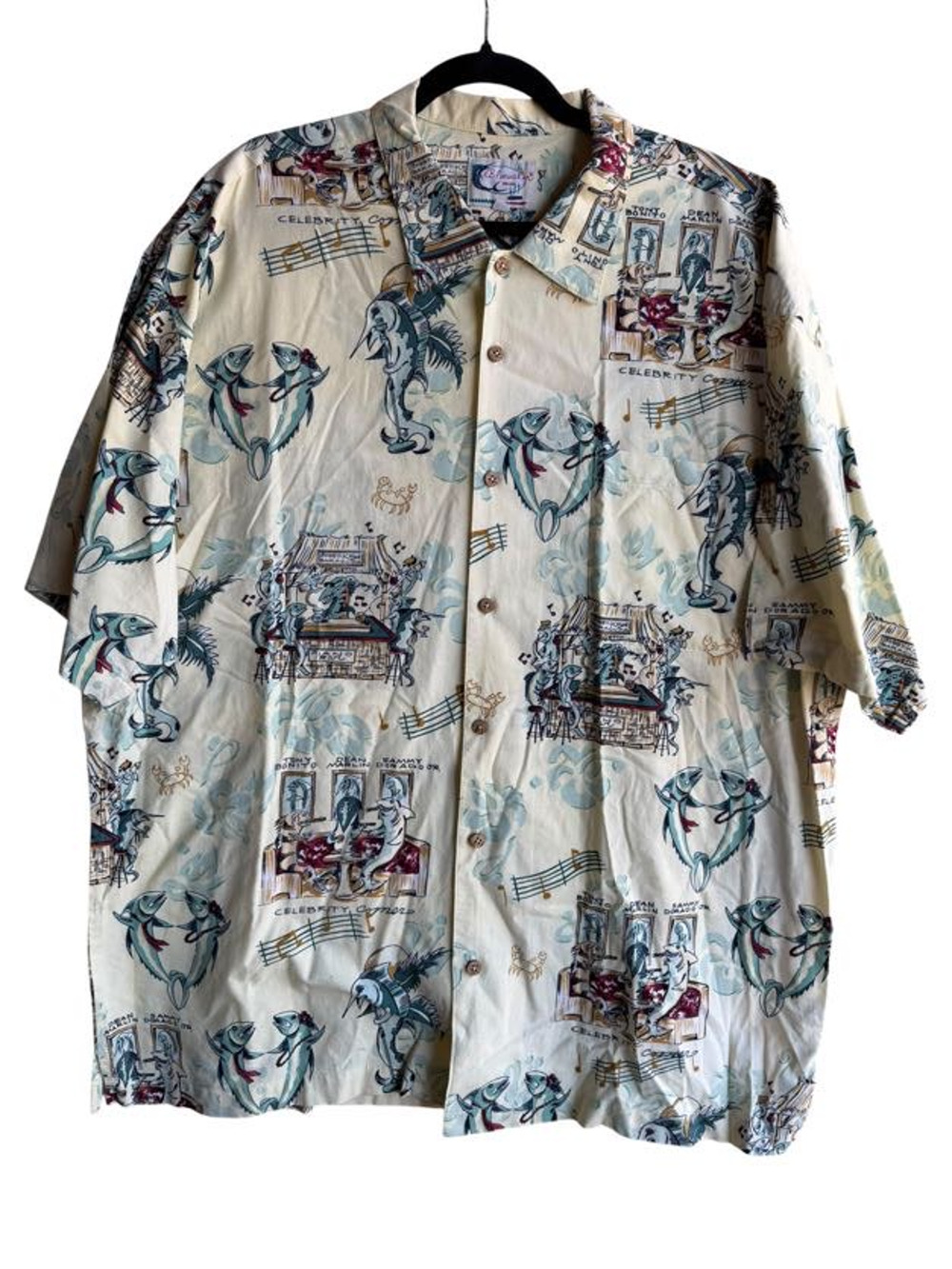 Vintage Bluewater Wear Hawaiian Shirt Mens 3X Celebrity Corner Fish Novelty USA